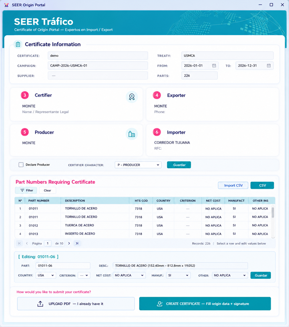 Portal SEER Origin: información del certificado, certificador, exportador, productor, importador y listado de números de parte